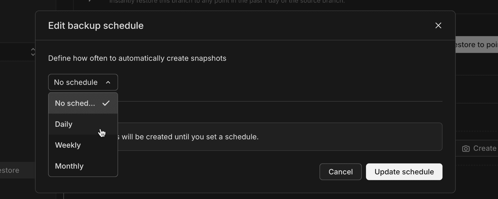 Snapshot schedule configuration showing daily, weekly, and monthly options