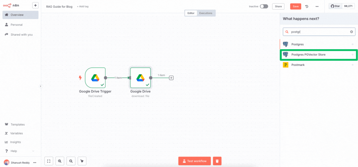 Configuring Postgres PGVector Store node